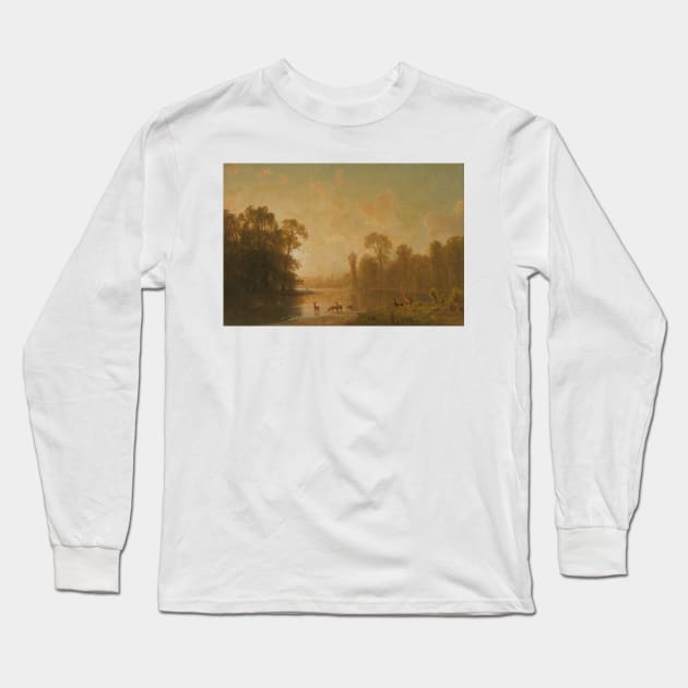 Twilight With Deer by Albert Bierstadt Long Sleeve T-Shirt by Classic Art Stall